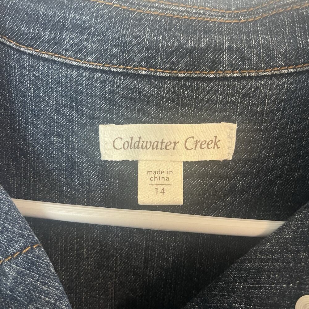 Coldwater Creek Denim Jacket 14 Brown/Black Woven Trim Fringe Classic Western - Picture 3 of 14